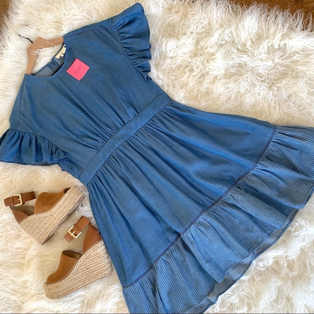 NEW KATE SPADE Chambray Fluffer Sleeve Ruffle Hem Indigo Mini Dress size 8 - Picture 12 of 16